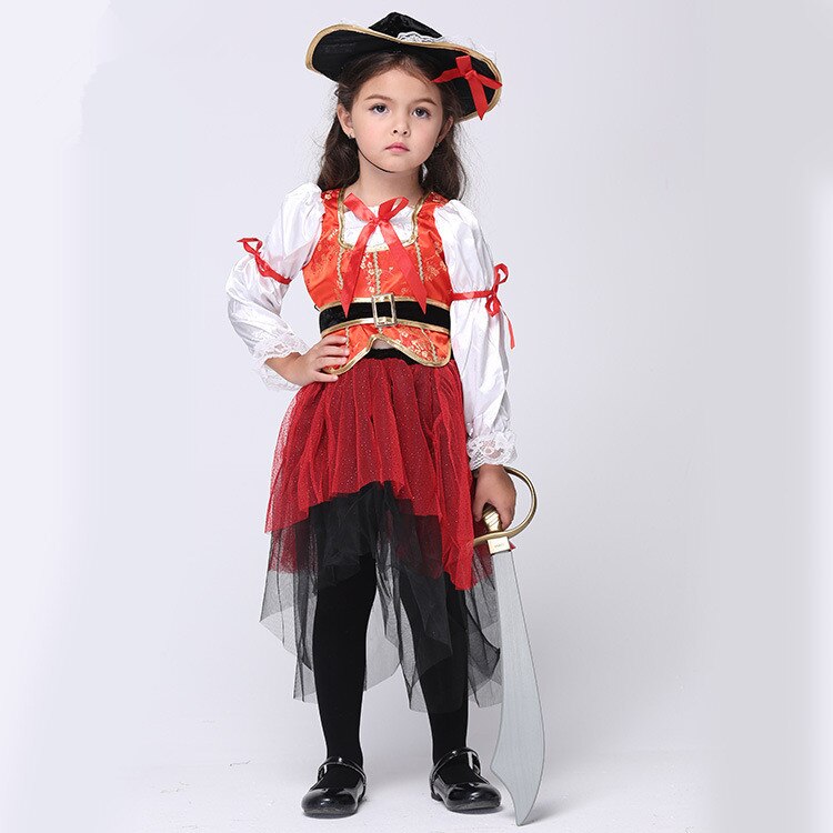 Kid&#39;s Caribbean Pirate Captain Cosplay Costumes Rayon Silk Red Top Skirt Hat Belt 4 Pcs Set Halloween Cosplay Costumes