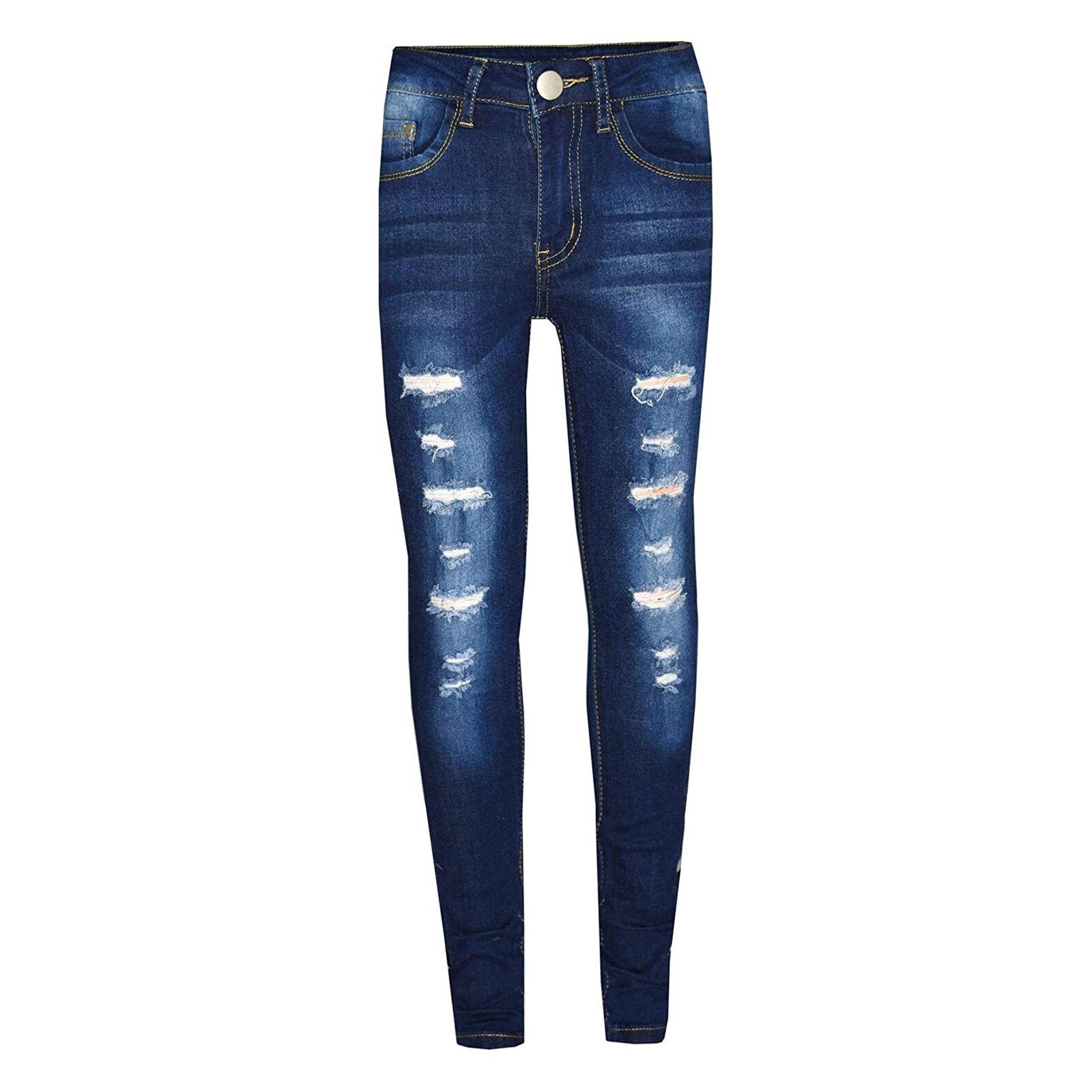3-14 Years Old Children's Jeans Kids Teen Boys Tight Hole Pocket Button Zipper Long Jeans Spring Summer Trousers: Dark Blue / M