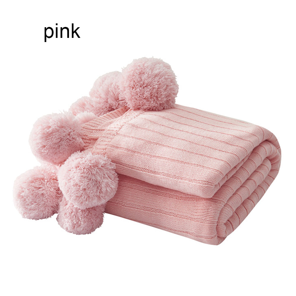 Manta de bola de punto de algodón suave, chal de algodón, accesorios para fotos, manta de sofá, aire acondicionado, decoración de bola pequeña: pink / 100x105CM