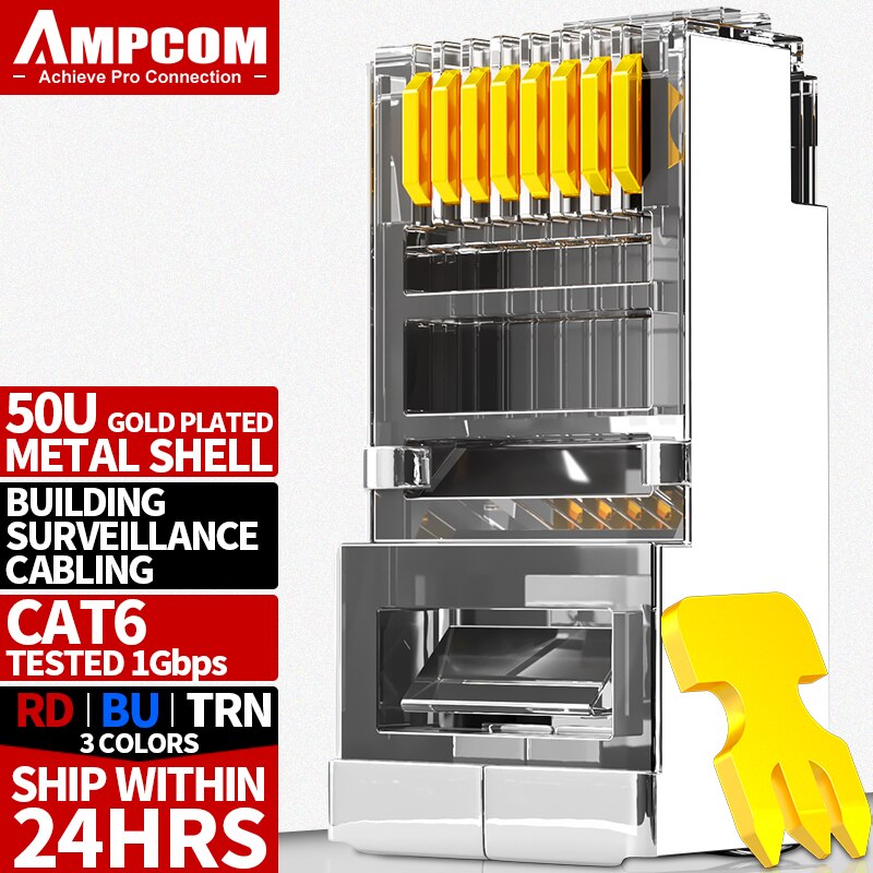 AMPCOM CAT6 Shielded RJ45 Modular Plug Connector 8P8C Crimp End Ethernet Cable Ethernet Connector Gold-Plated 50U: Transparent / 100PCS