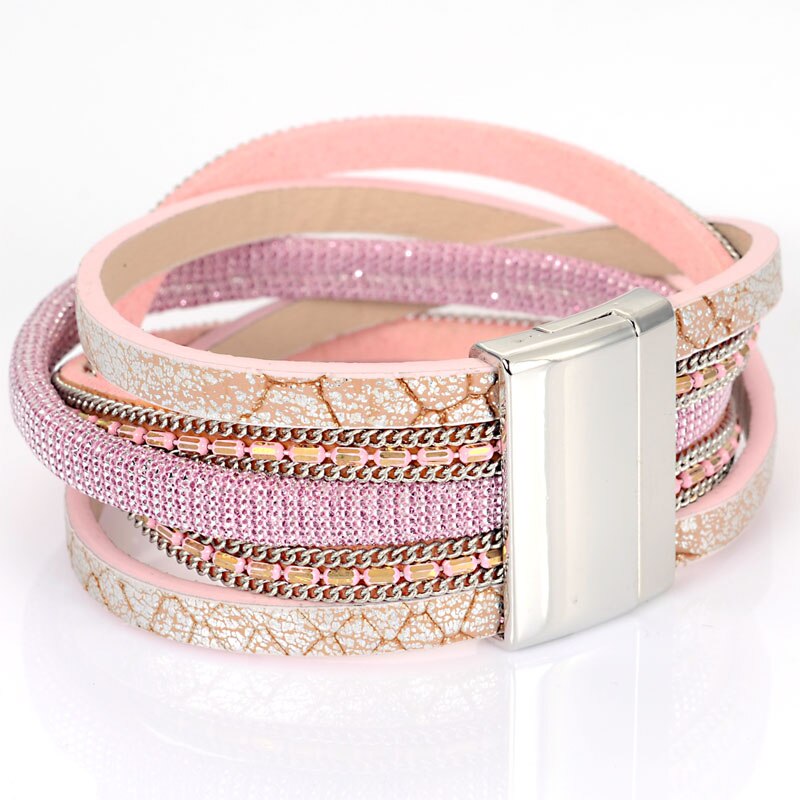 Newest wide magnetic bracelet with braided PU leather and metal chains magnetic bracelets for women: Pink with rhodium