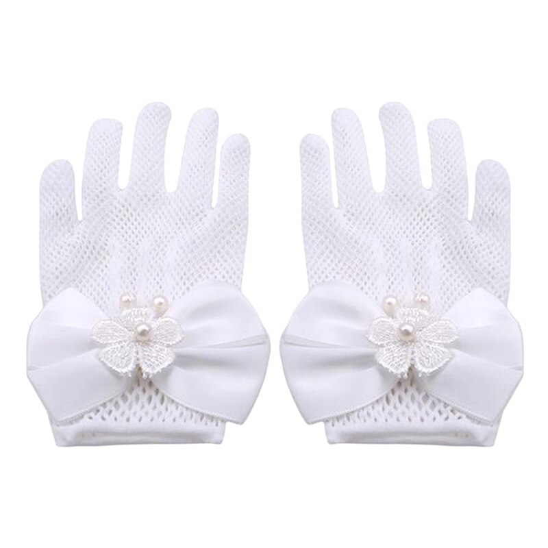 Girls Lace Pearl Gloves Kids Mesh Bow Party Gloves Supplies Birthday Ceremony Coronation Princess Accessories Mittens