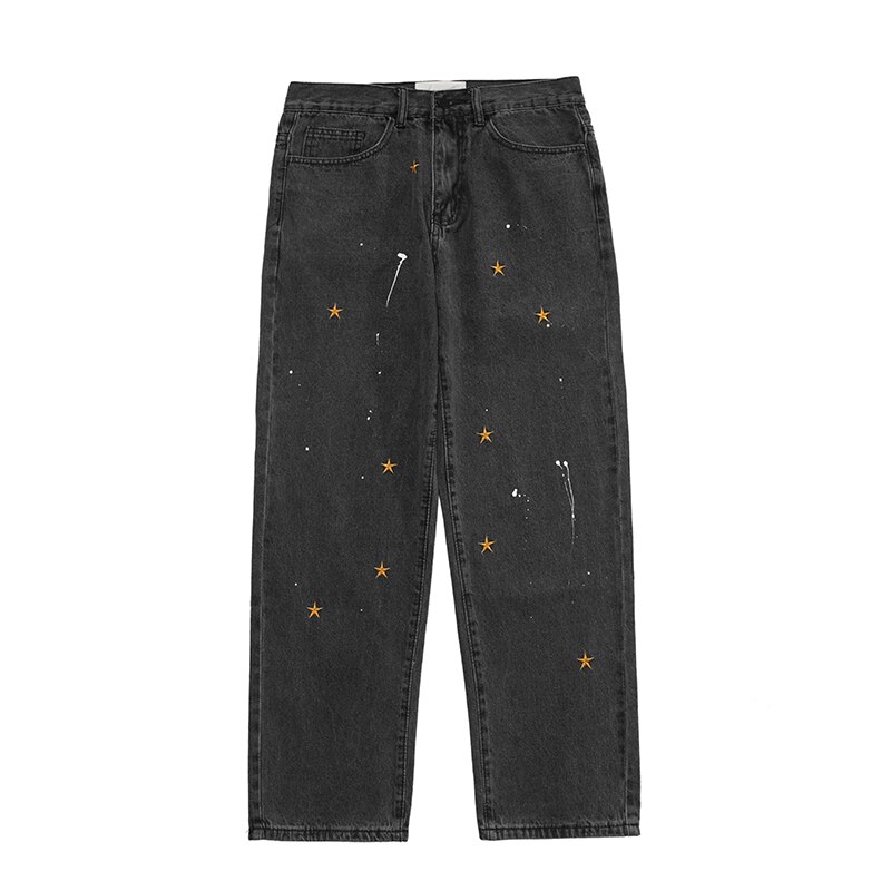 Iefb / herrkläder street splash-ink broderade lösa jeans trendiga raka vintage pappa byxor män hip hop jeansbyxor 9 y 4180
