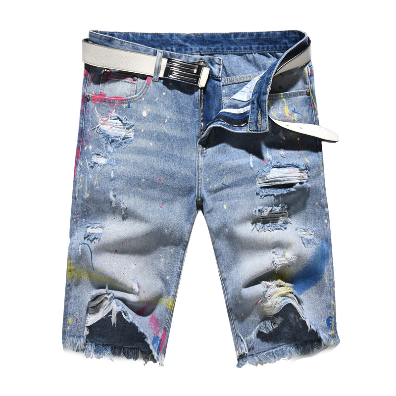 Sokotoo mænds malede huller revet denim shorts sommer knælængde streetwear distressed ødelagte frynser tigger jeans
