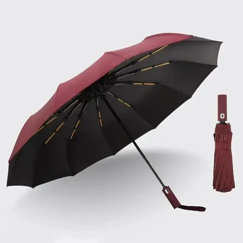 12 Bone Black Glue Fully Automatic Umbrella With Thick And Durable Keel Three Fold Umbrella UV Resistant Folding Umbrella: Red