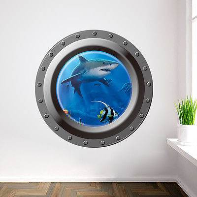 Shark Ocean View Muursticker 3D Patrijspoort Venster Badkamer Kinderkamer Decal Art Muursticker Interieur adesivi parete ASD