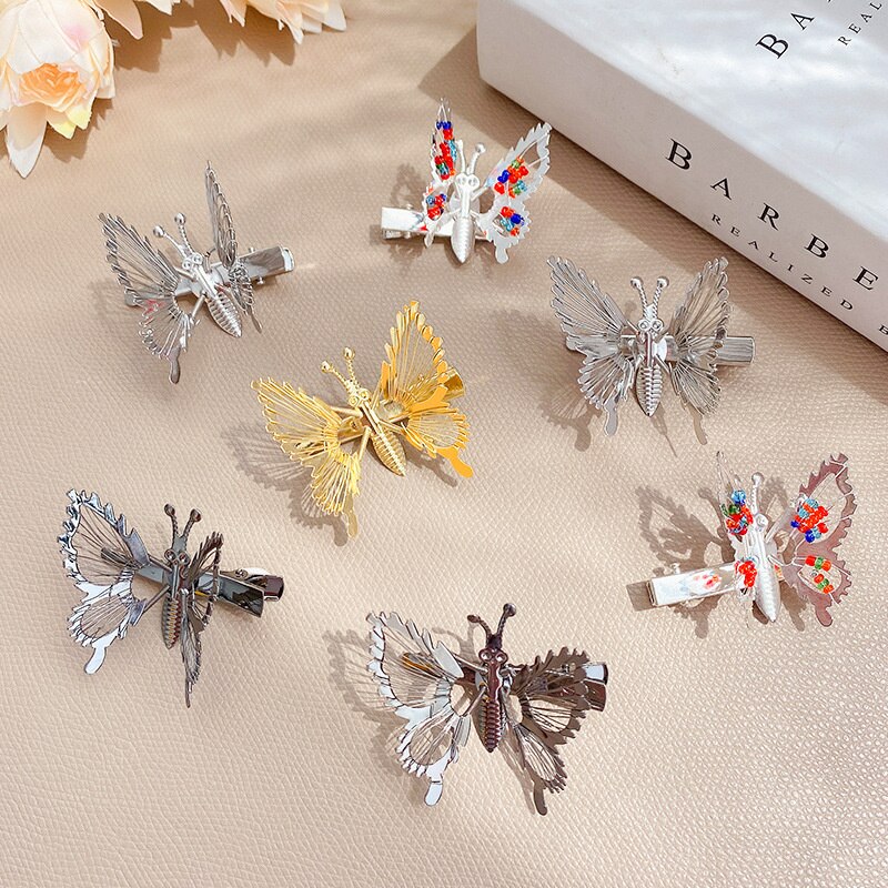 2022 Spring Gold Silver Butterfly Movable Wings Hairpin For Girl Children 4.5cm Long Cute Princess Hairpin Barrettes Accessories
