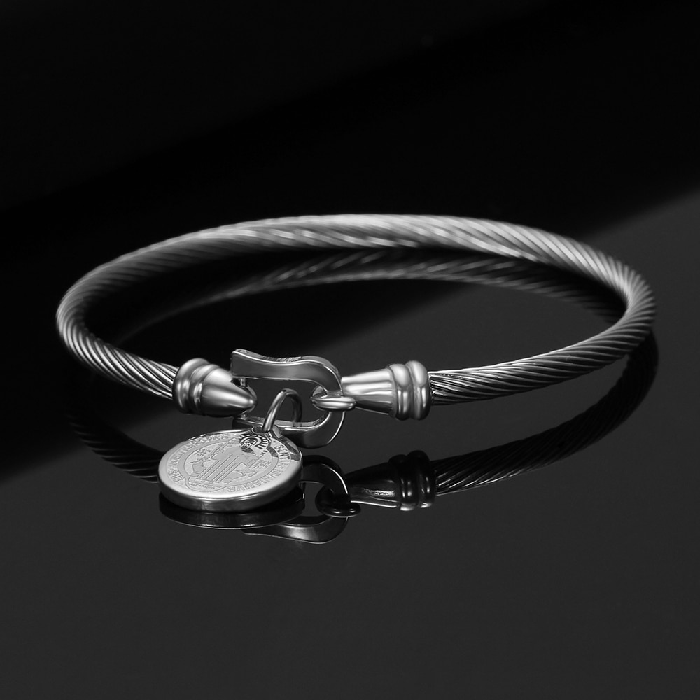 Cuff Bracelet Bangles With Saint Benedict Charm Pendant Syainless Steel Wire pulseira Jewelry Bracelets For Women