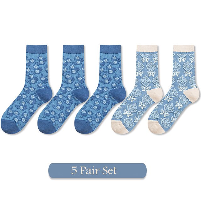 5 Pairs Vrouwen Sokken Set Herfst Winter Bloemen Printing Katoen Harajuku Blauwe Accessoires Geometrie Hartvormige Femme Sokken Kawai: C
