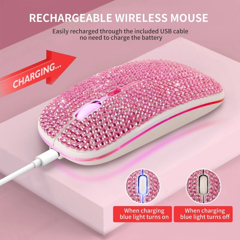 Rhinestone Crystal Wireless Dual Mode 2in1 Blue-tooth 5.0 + 2.4Ghz 1600DPI LED Mouse Optical for Notebook PC Laptop Computer