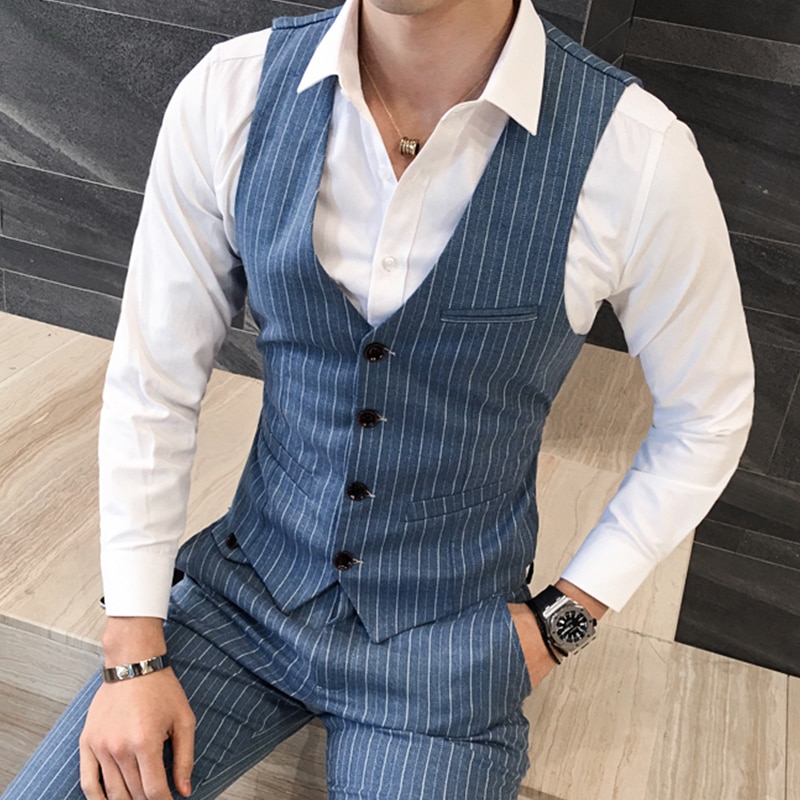 Mens Boutique Striped Groom Wedding Dress Formal Suit Vest / Male High-end Brand Casual Slim Business Suit Vest: Sky Blue / 5XL