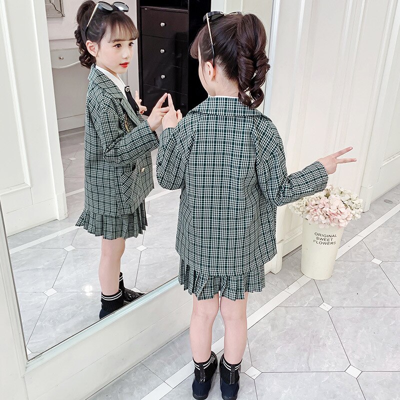 Meisjes Kleding Lente Kids Trainingspak Outfits Pak Voor Groene Plaid Jas Plooirok Tiener Meisjes Kleding Set 4-12 jaar School