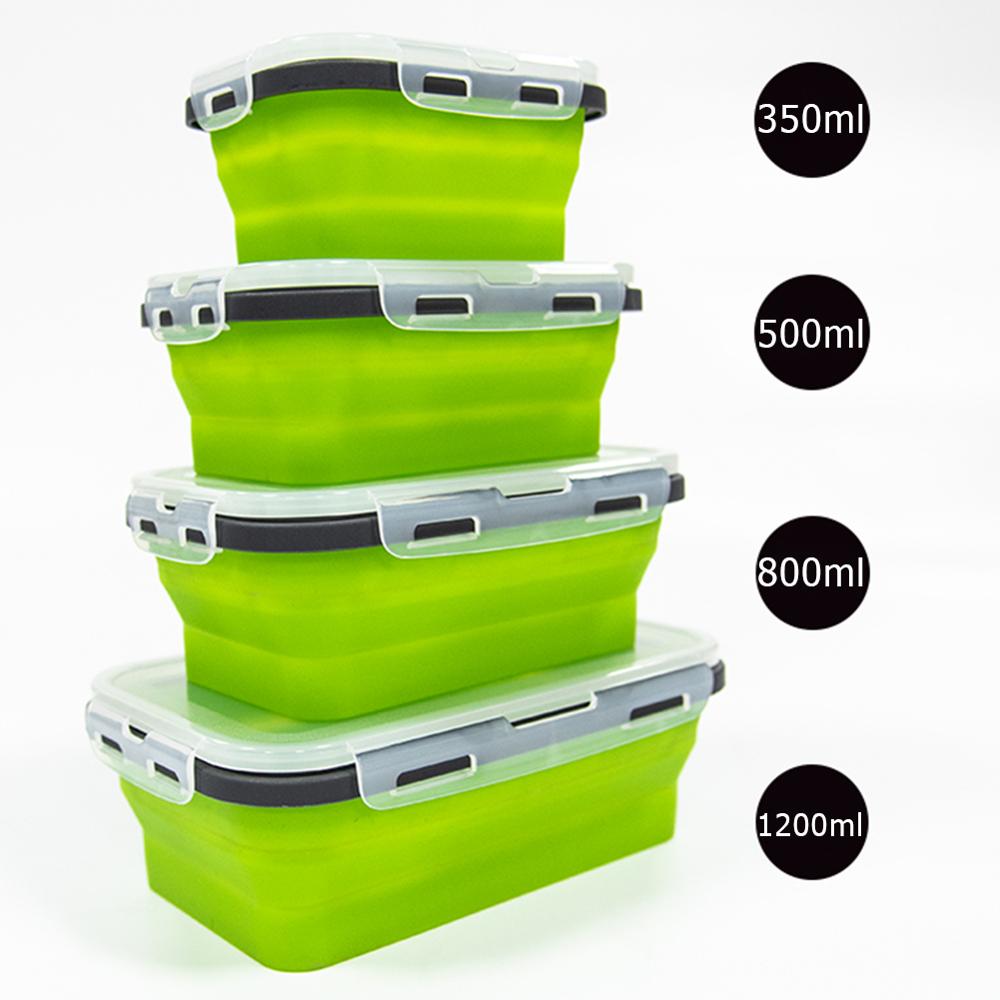 Portable Rectangular Silicone Collapsible Lunch Box Folding Food Keep Fresh Storage Container Eco-Friendly Lunchbox Bento Box: Green 4pcs