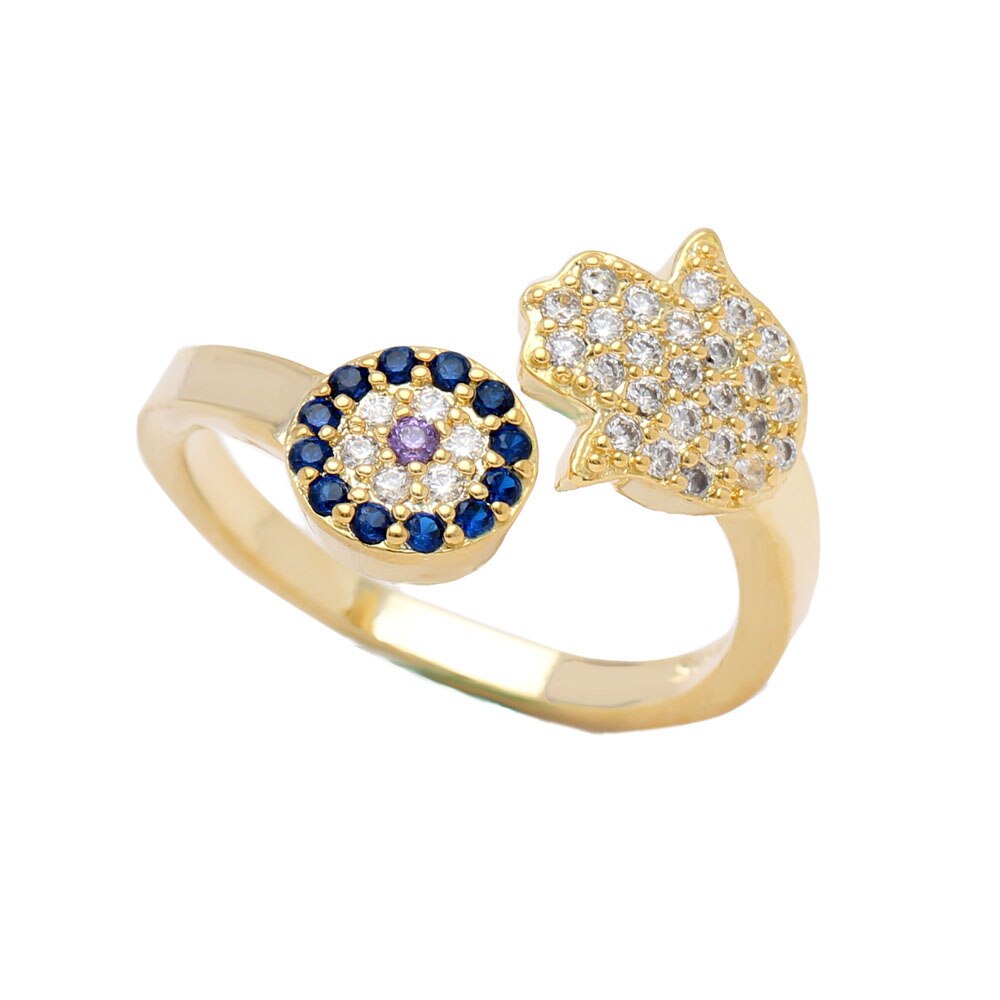 Hainon Gold Farbe böse Auge Blau Auge Einstellbar Weibliche Ringe Hamsa Hand Fatima Hand Ring Hochzeit Engagement Silber Farbe Schmuck: Gold Farbe