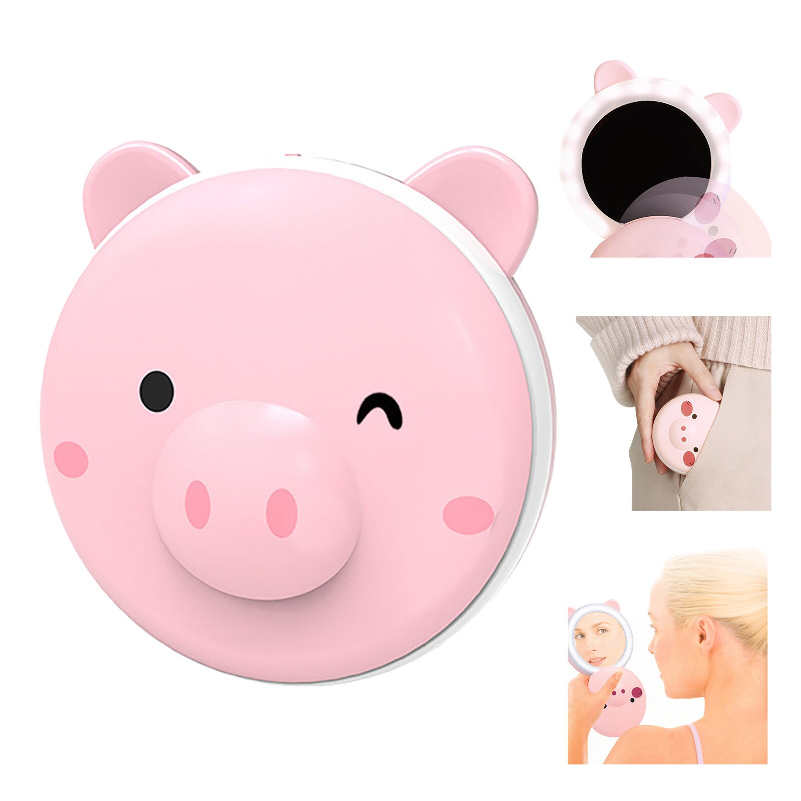 1pc 3 in 1 mini cosmetic mirror hand warmer pig-shaped hand warmer with LED light charging USB office mini hand warmer: A