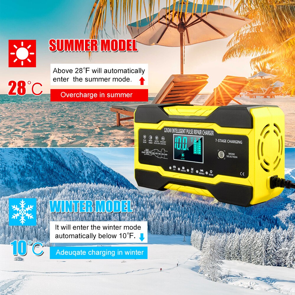 Full Automatic Car Battery Charger 12V 10 A 24V 5A Pulse Repair LCD Display Smart Fast Charge Deep Cycle GEL Lead-Acid Charger