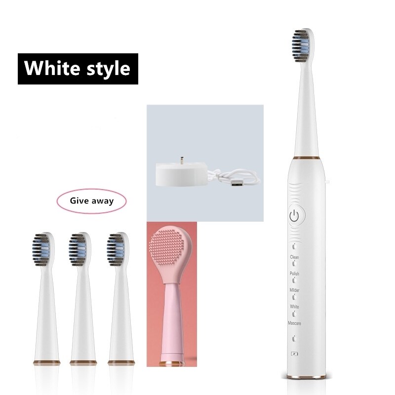 Phyopus ultrasone elektrische tandenborstel antislip snel opladen ipx 7 waterdicht 5- standen persoonlijke verzorging gezichtsborstel: Wit