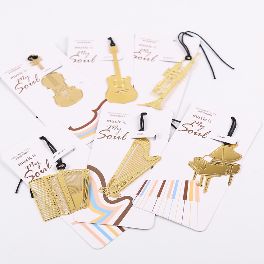 1PC Cute Gold Metal Bookmark Music Piano Guitar Bookmark for Book Korean Stationery