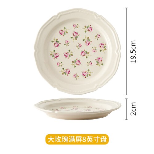 Floriferous Dessert Plate Embossed Edge Dinner Plates Dishes Household Ceramic Plate And Bowls Simple White Tableware: Rose 8 inch