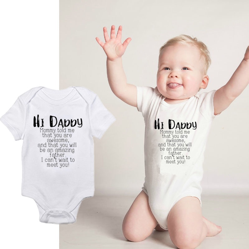 Sommar bebiskläder nyfödd småbarn spädbarn bebis pojke flicka kortärmad tröja graviditetsmeddelande tryck bodysuit outfit