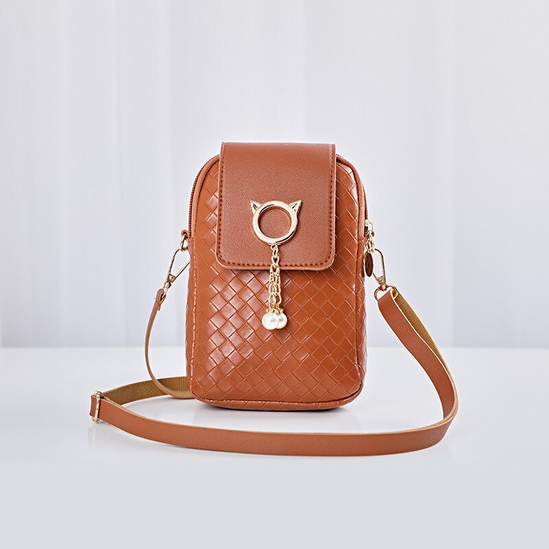 2022 Lente Zomer Mini Cross-Body Mobiele Telefoon Schoudertas Geweven Parel Kwastje Cover-Stijl Vrouwelijke Tas Schoudertas diagonaal Tas: Brown