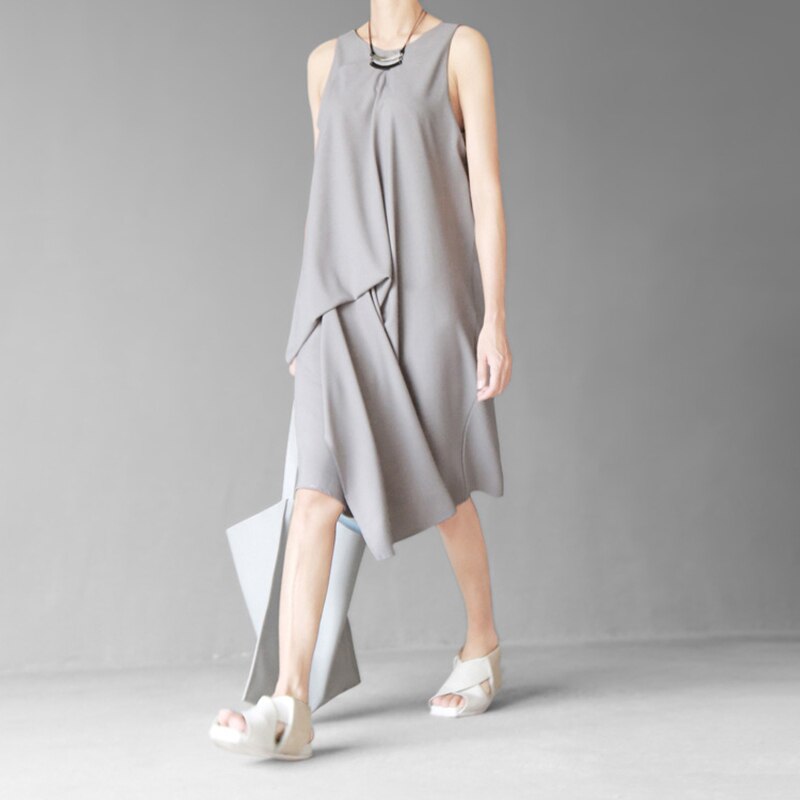 VGH vestido negro Casual para mujeres O cuello sin mangas dobladillo Irregular holgado Midi Vestidos Mujer de tendencia ropa verano: GRAY