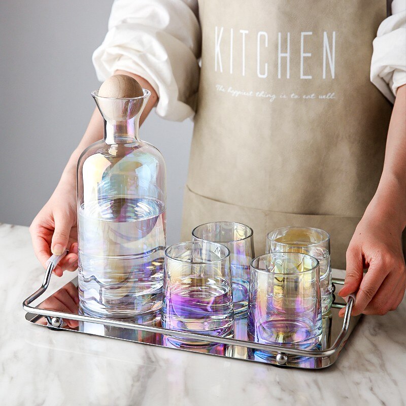 JINYOUJIA Nordic Glass Carafe Water Pitcher with Wood Lid Kettle Drinking Cup Tea Pot Juice Jug Household Drinkware