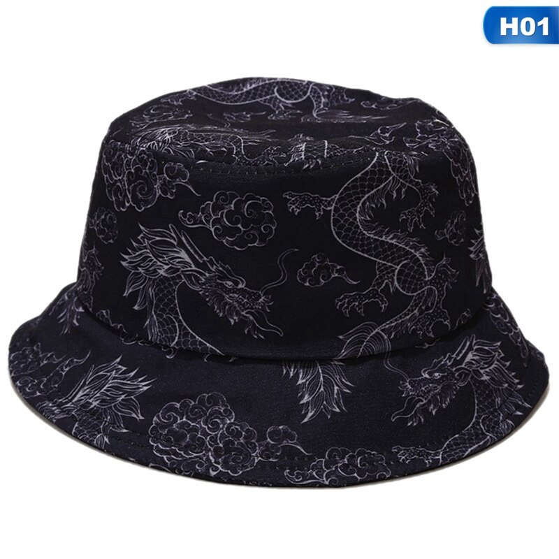 Slipsfarvestof, sommerfugl, ild, sky, dragon print fiskerhat fiskerhat til mænd og kvinder udendørs fritid spand hat: H01