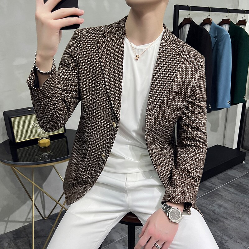 Blazer a cuadros de estilo británico para hombre, traje informal de negocios, chaqueta Formal para de boda, 2022