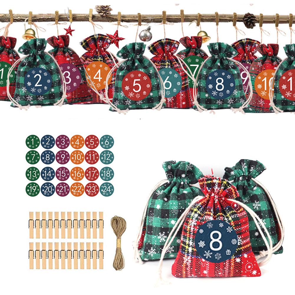 Christmas Advent Calendar Plaid Cloth Bags Set Christmas Drawstring Bags 24 Days Hanging Countdown Calendar Candy Bag