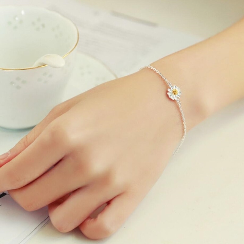 Korea Fresh Simple Flower Wild Chrysanthemum 925 Sterling Silver Temperament Female Trendy Resizable Bracelets SBR024