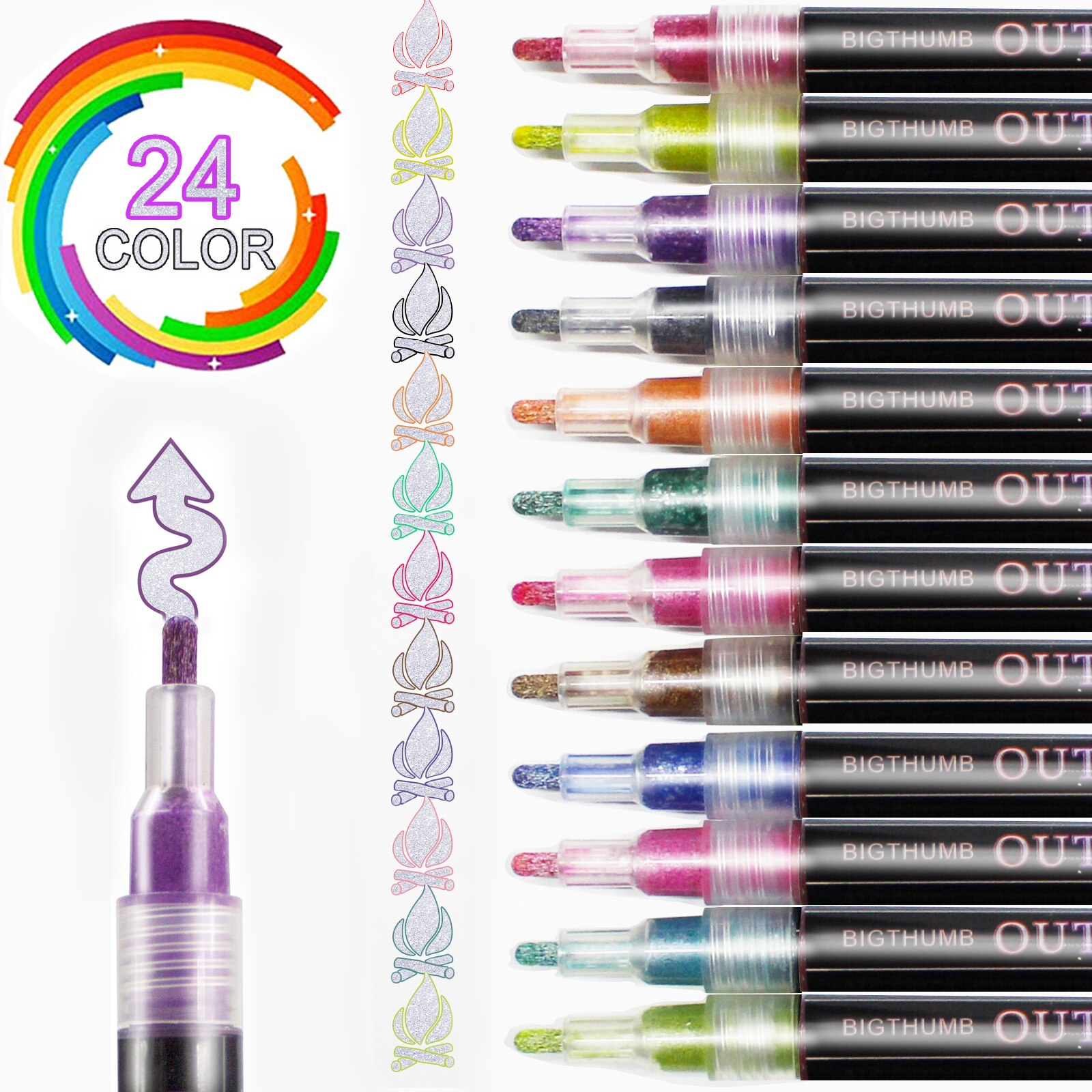 Rotuladores de doble línea, rotulador marcador de contorno de doble línea, Color metálico, 24 Uds.: 24 colors