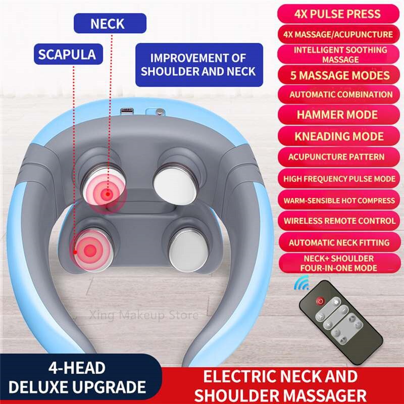 Smart elektrisk skulderhalsmassasje 4d magnetisk puls oppvarmet tretthet smertelindring cervikal massasje med fjernkontroll 30#