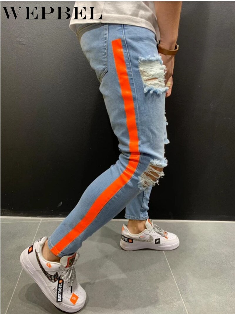 Wepbel herreside rød stribet slim jeans bukser street style hip hop afslappet denim joggers herre bukser plus str.