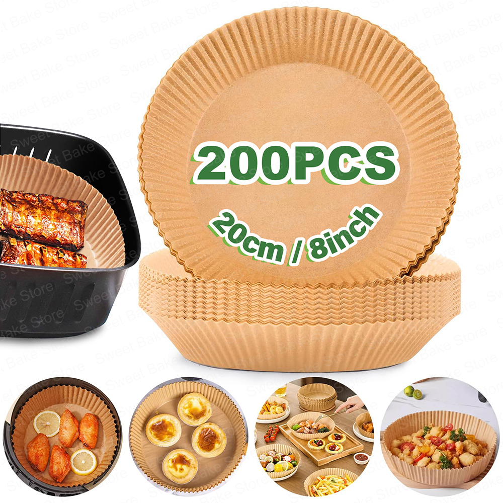Revestimientos de papel pergamino desechables para freidora de aire redonda de 20CM, bandeja de papel antiadherente para horno, microondas y freidora de aire de 5-8 QT: Caqui oscuro