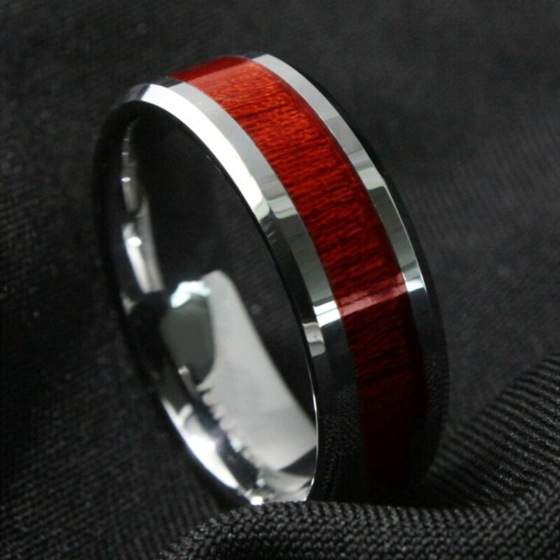 Anéis de madeira vermelha masculinos de 8mm, anéis de aço inoxidável, simples, clássicos para homens, joias, presente de natal de aniversário
