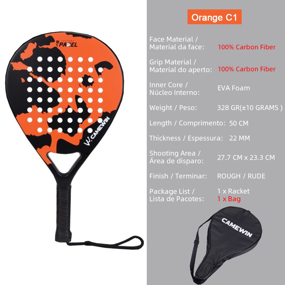 CAMEWIN-Raqueta de carbono y cristal para playa, Raqueta de tenis, ligera, suave, EVA, Unisex: Orange C1