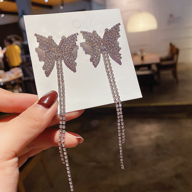 Luxe Volledige Rhinestone Vlinder Oorbellen Hangers Kantoor Carrière Zilveren Oorbellen Voor Vrouwen Crystal Sieraden