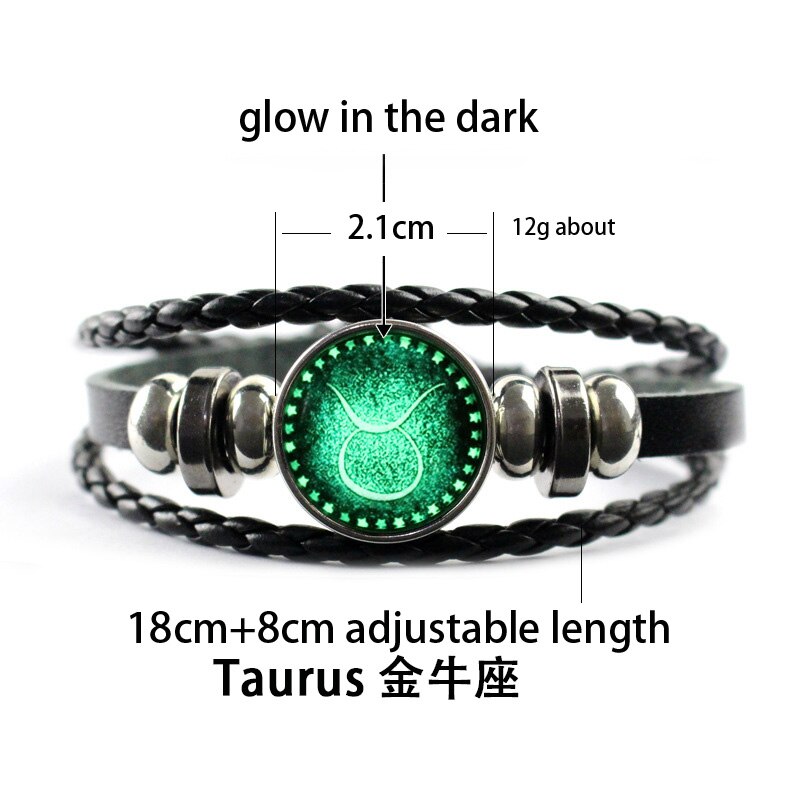 Luminous 12 Constellation Glow In The Dark Bracelet Men Leather Glowing Night Fluorescence Charm Bracelets for Halloween: Taurus