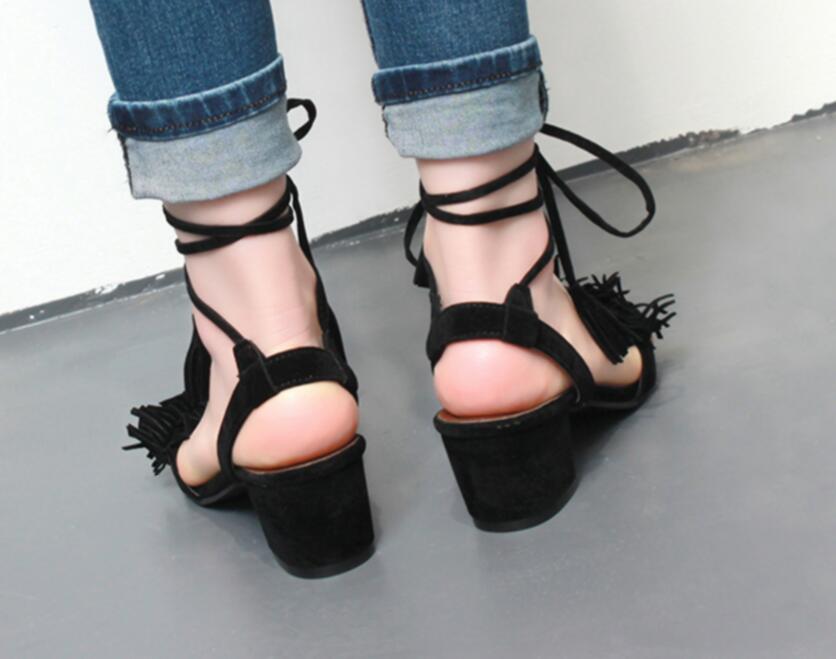 Tassel Sandals Block High Heels Gladiator Sandals Red Ladies Summer Shoes Woman Party Shoes Sandalias Zapatos Mujer