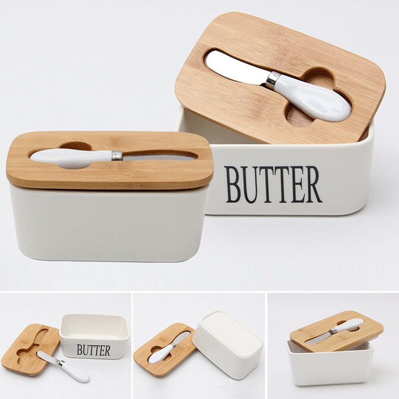 Butter Box Nordic Ceramic Container Storage Tray Dish Cheese Food Tool Kitchen Keeper Wood Cover Sealing Plate+ Knife Sealed Can