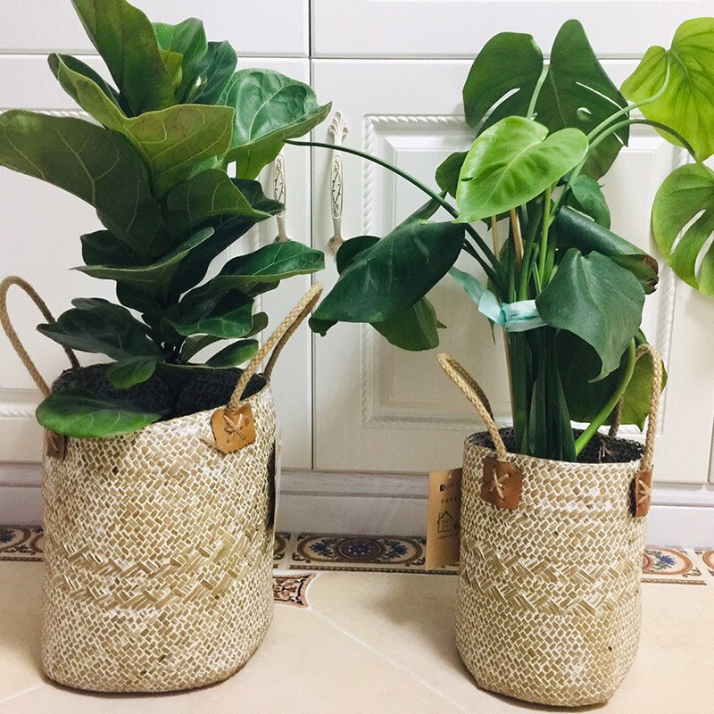 2Pcs Vintage Wipe White Straw Flower Basket Pot Natural Seagrass Woven Storage Basket Garden Flower Vase Hanging Wicker Baskets