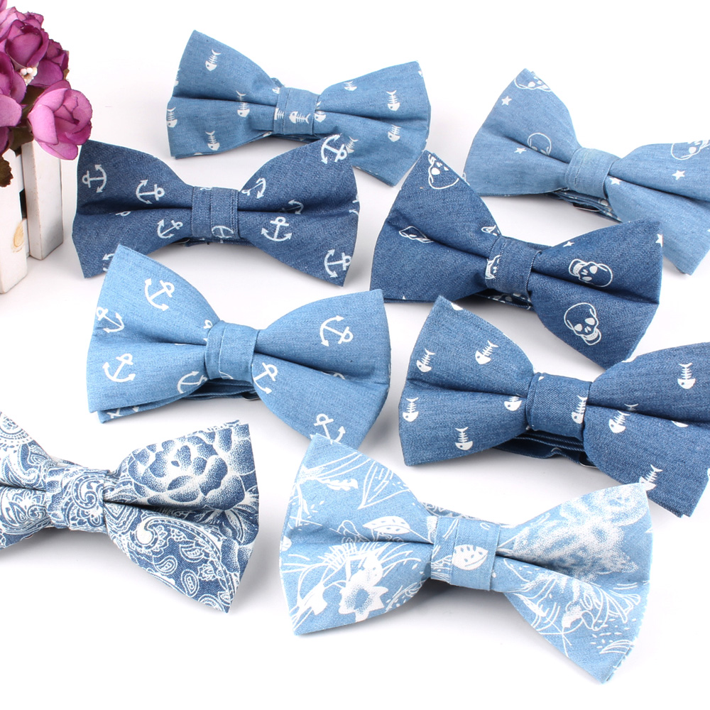 Jeans Bow tie For Groom Denim Bow tie For Men Women Bow knot Adult Wedding Bow Ties Cravats Blue Groomsmen Floral Bowtie