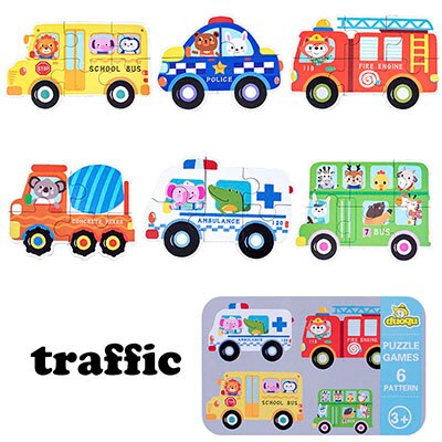 Montessori Baby Toy Card Puzzles Early Learning Educational Toy Cartoon Traffic Animal Fruit With Iron Box Kids Cognitive Puzzle: Happy traffic