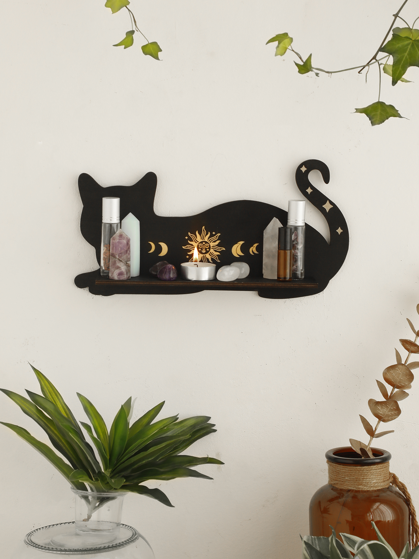 Black Cat Wooden Shelf Moon Phase Floating Shelf Chakra Crystal Holder Stone Display Stand Wall Decor Witchy Home Decorations: Dark Green