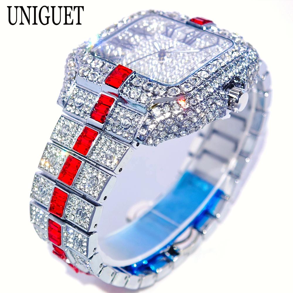 Luxury Red Diamond Watches Men Brand UNIGUET Hip Hop Iced Bling Jewelry Wristwatch Man Waterproof Square Quartz Clocks