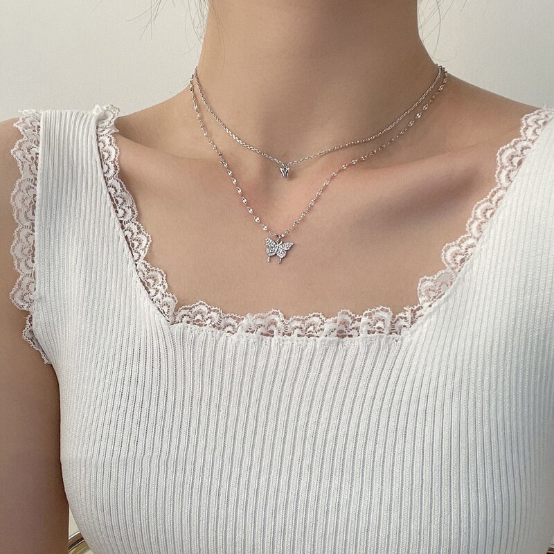 Dainty Zirconia Vlinder Hanger Ketting Voor Vrouwen Punk Zilver Kleur Gelaagde Keten Koreaanse Leuke Choker Mode-sieraden