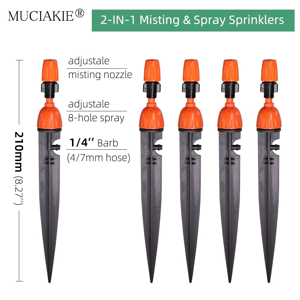 Orange Adjustable Garden Micro Drip Irrigation Misting Nozzles Sprinklers with w/ 1/4'' 3/8'' Hose Barbed Tee Threaded Connector