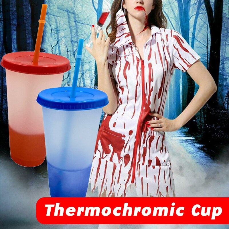 Herbruikbare Kleur Veranderende Koude Kopjes Temperatuur Magische Kleurverandering Kopjes Magische Sap Koffie Cup Flessen Met Rietjes En Deksel Set