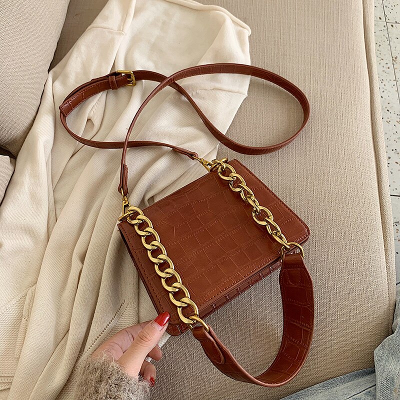 Sac fourre-tout en cuir PU femme, bandoulière, motif pierre, sacoche, bandoulière avec chaîne, ,: Marron